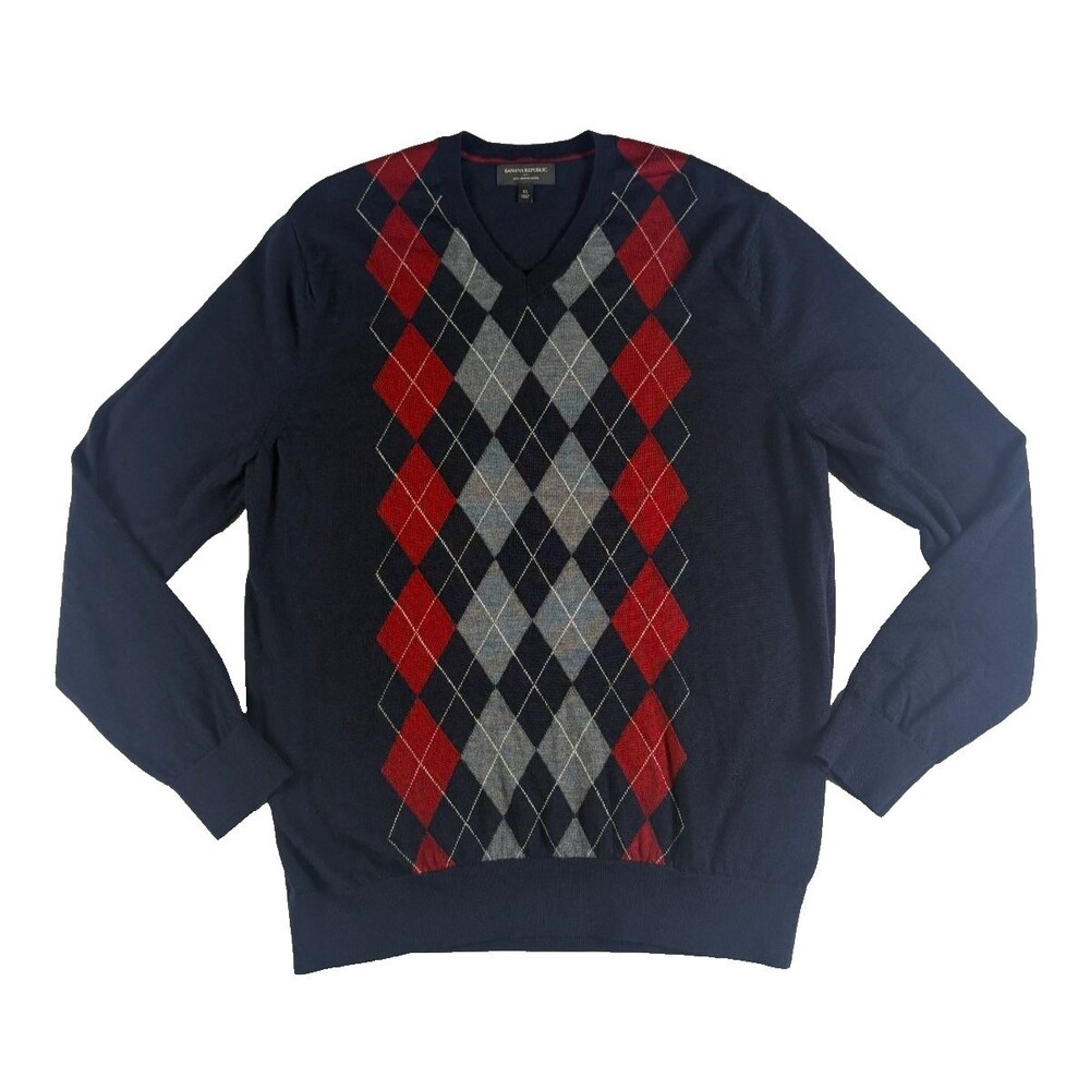 Banana Republic Mens XL 100% Merino Wool Argyle V Neck Sweater Navy Preppy